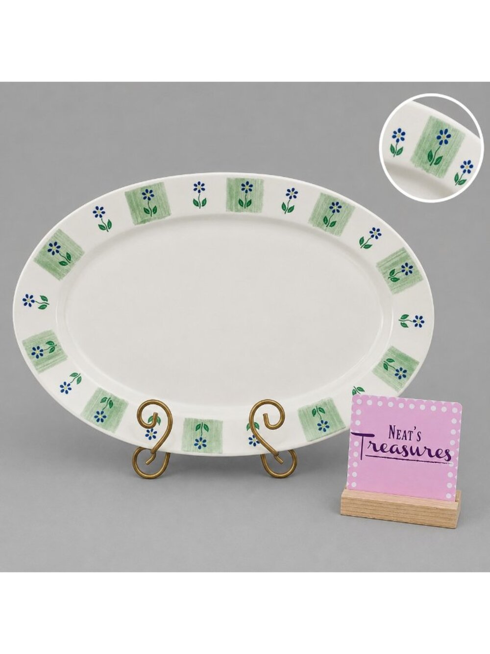Pfaltzgraff CLOVERHILL FLORAL Green Square Blue Flowers Oval 14" Serving Platter